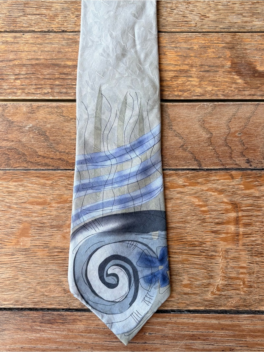 Garcia Vintage Abstract Snail Garden Pattern Silk Tie in Light Gray and Blue